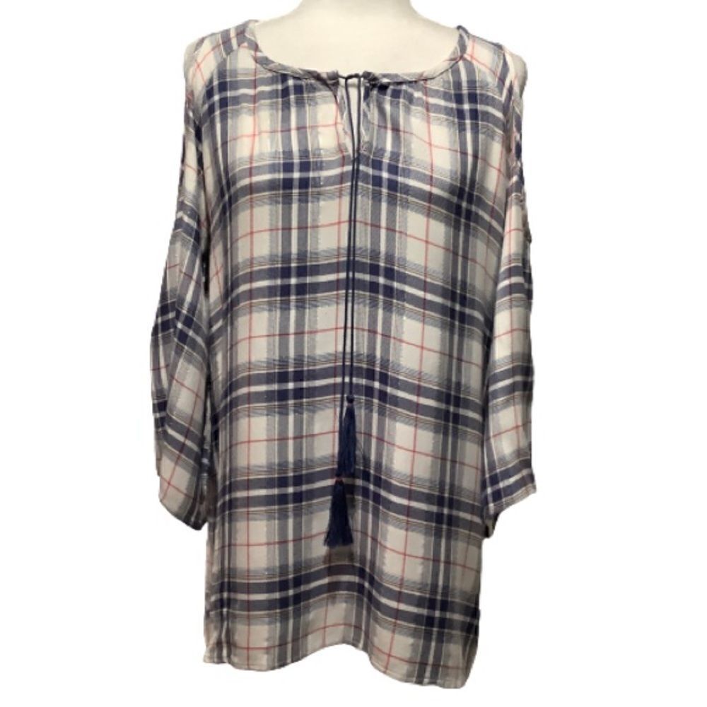 KENNETH COLE REACTION PLAID COLD SHOULDER TUNIC TOP Sz S‎ ( fits like a M)